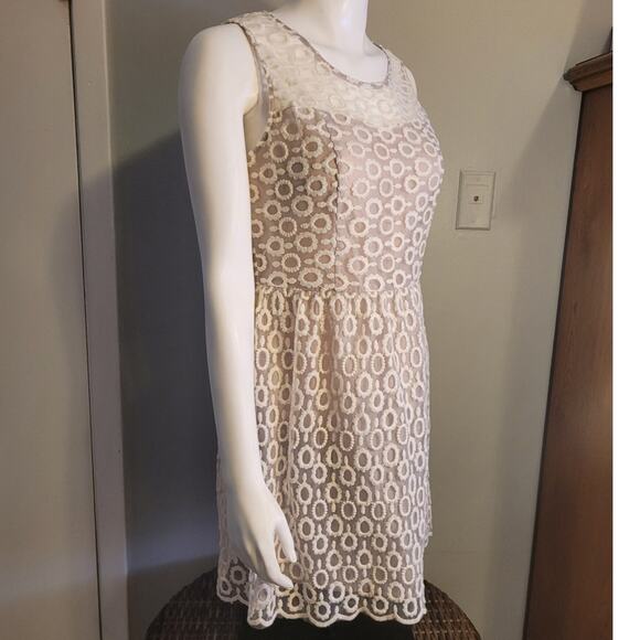 Tea Rose Embroidered Skater Dress L Fit Flare Mesh Layered Neutral Coquette - Picture 8 of 9